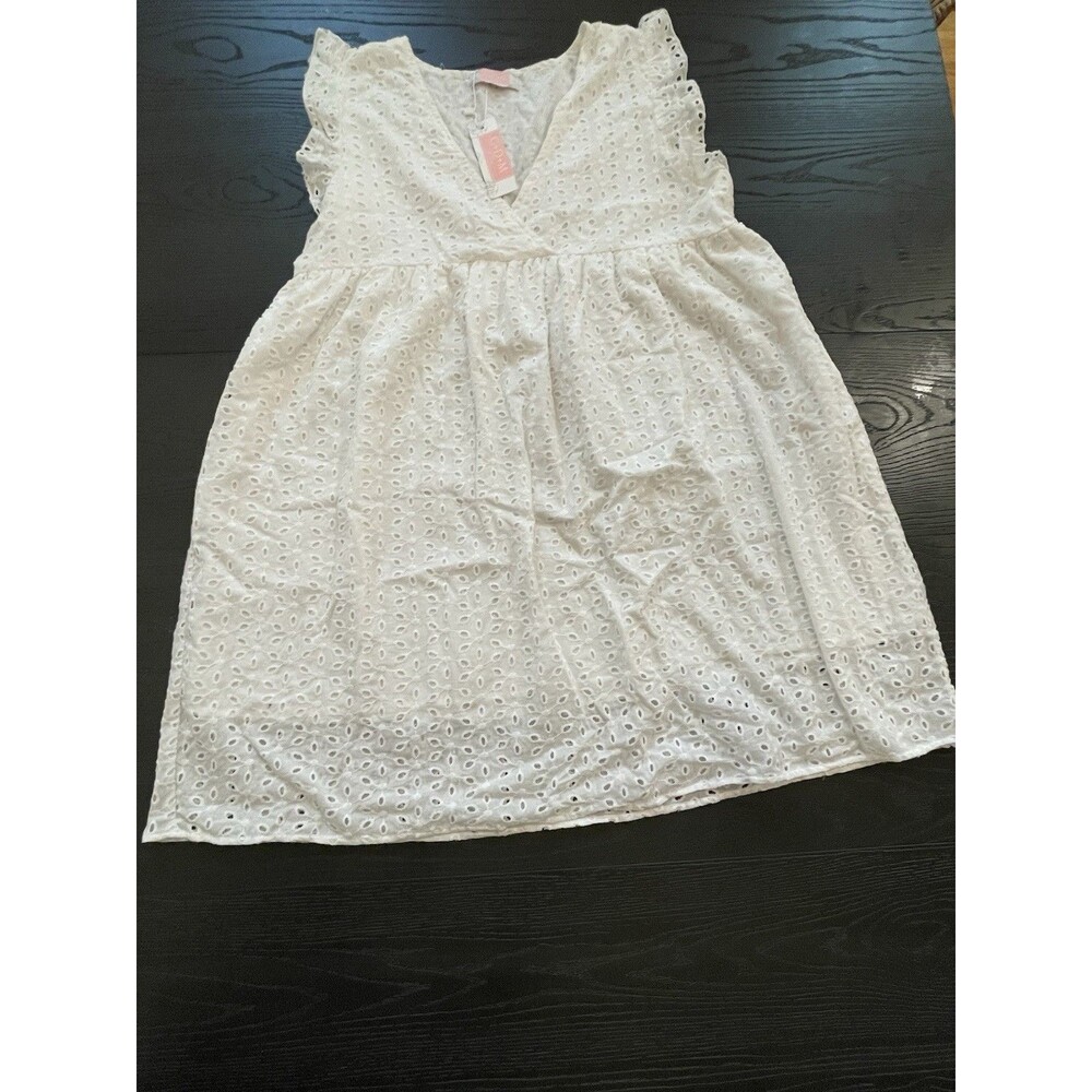 C+D+M Collection White‎ Eyelet Dress Ruffle Sleeves V Neck Summer Casual